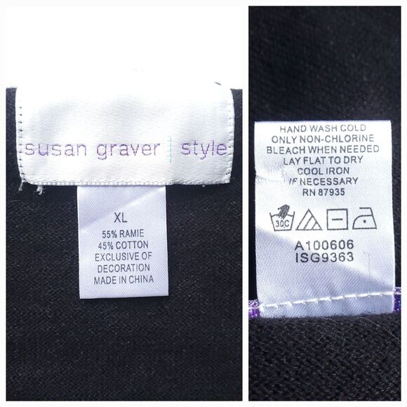 Susan Graver Style Sweater XL Black Pullover Embroidered Flowers V Neck Floral - Picture 7 of 10